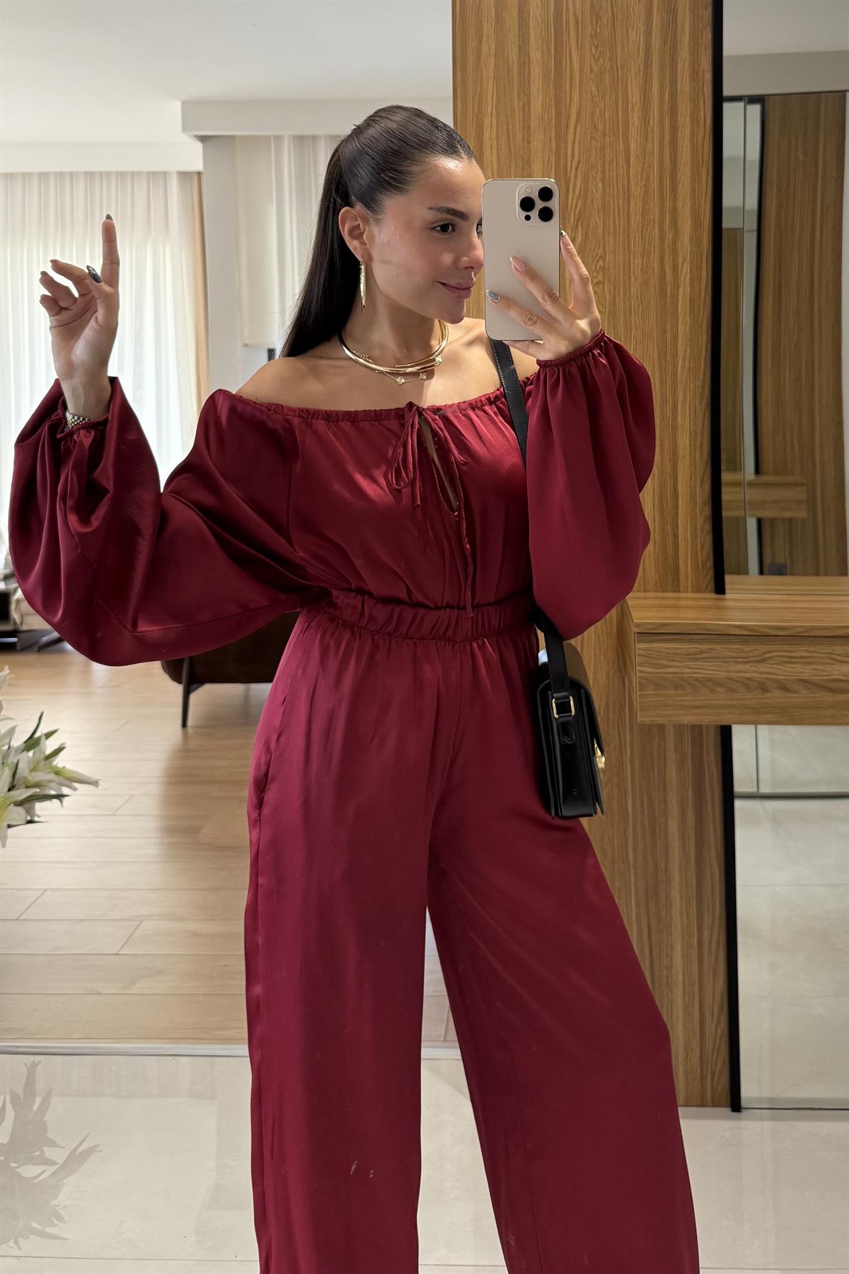 Priste Bordo Saten İkili Takım