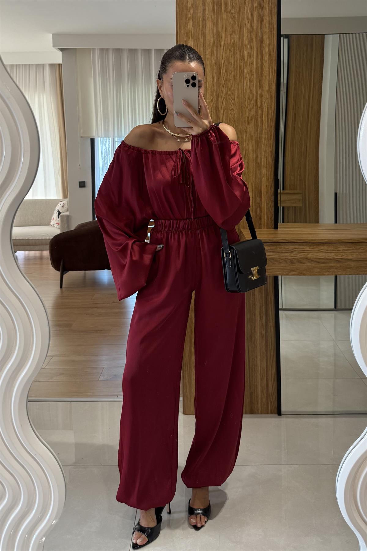 Priste Bordo Saten İkili Takım