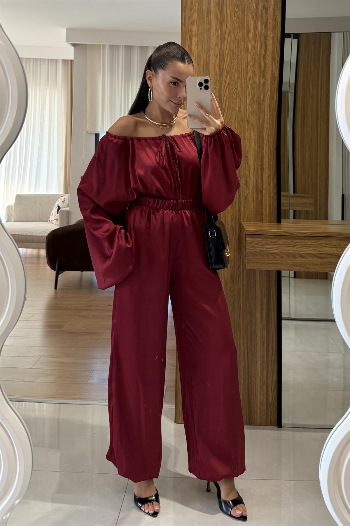 Priste Bordo Saten İkili Takım