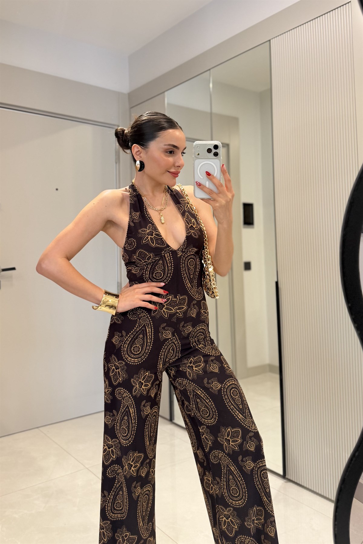 Priya Kahve V Yaka Sırt Dekolteli Tulum