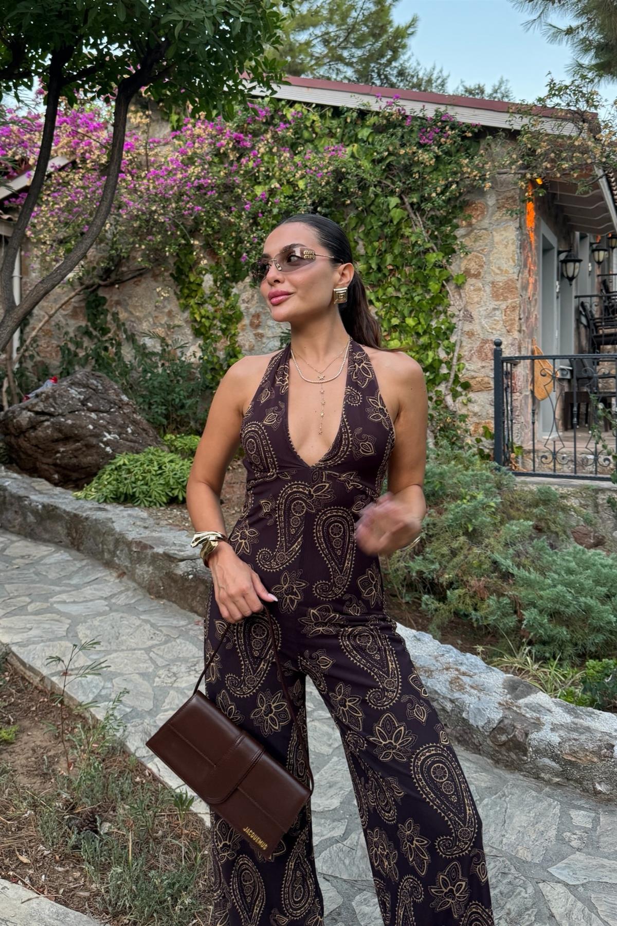 Priya Kahverengi V Yaka Etnik Desen Tulum