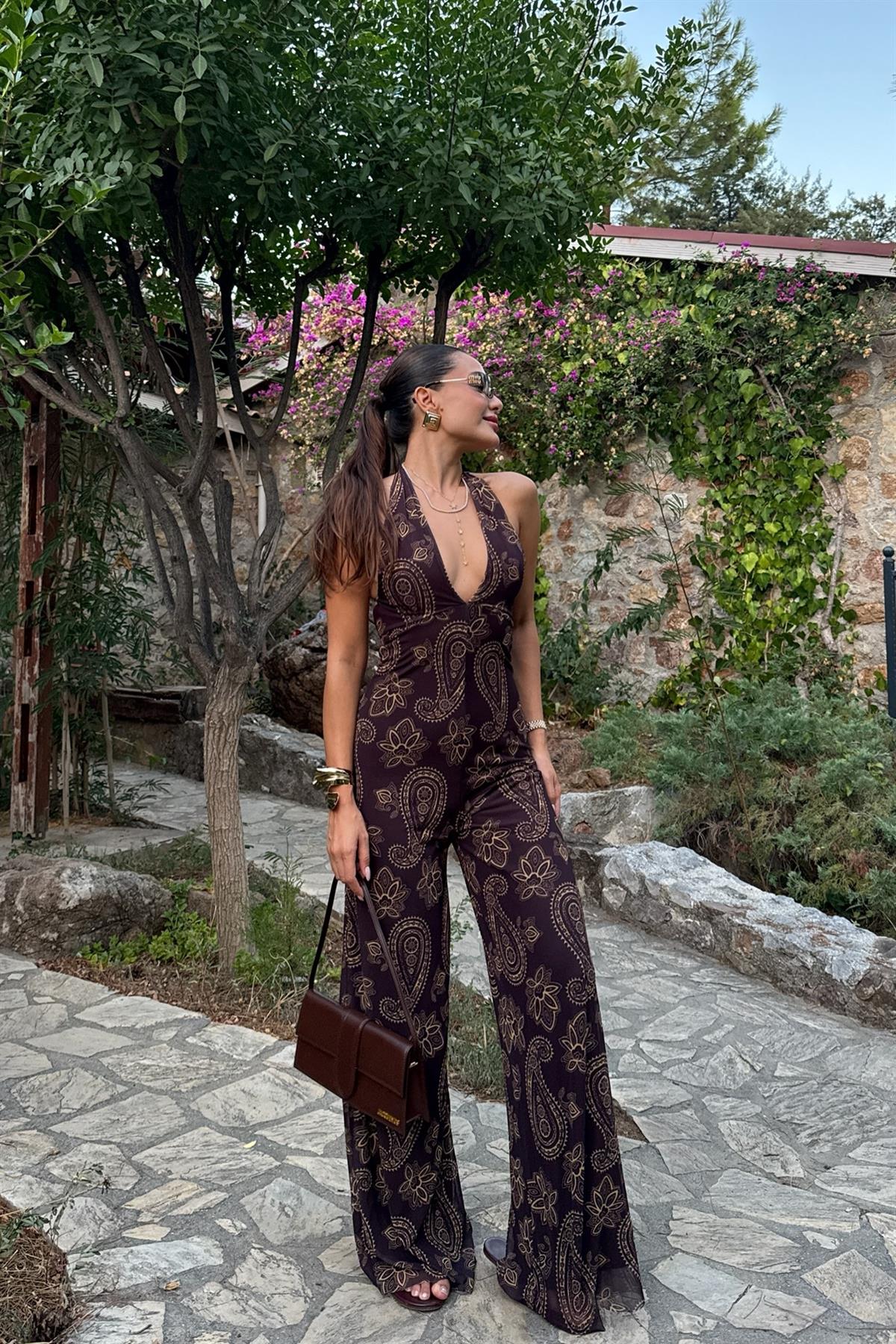 Priya Kahverengi V Yaka Etnik Desen Tulum