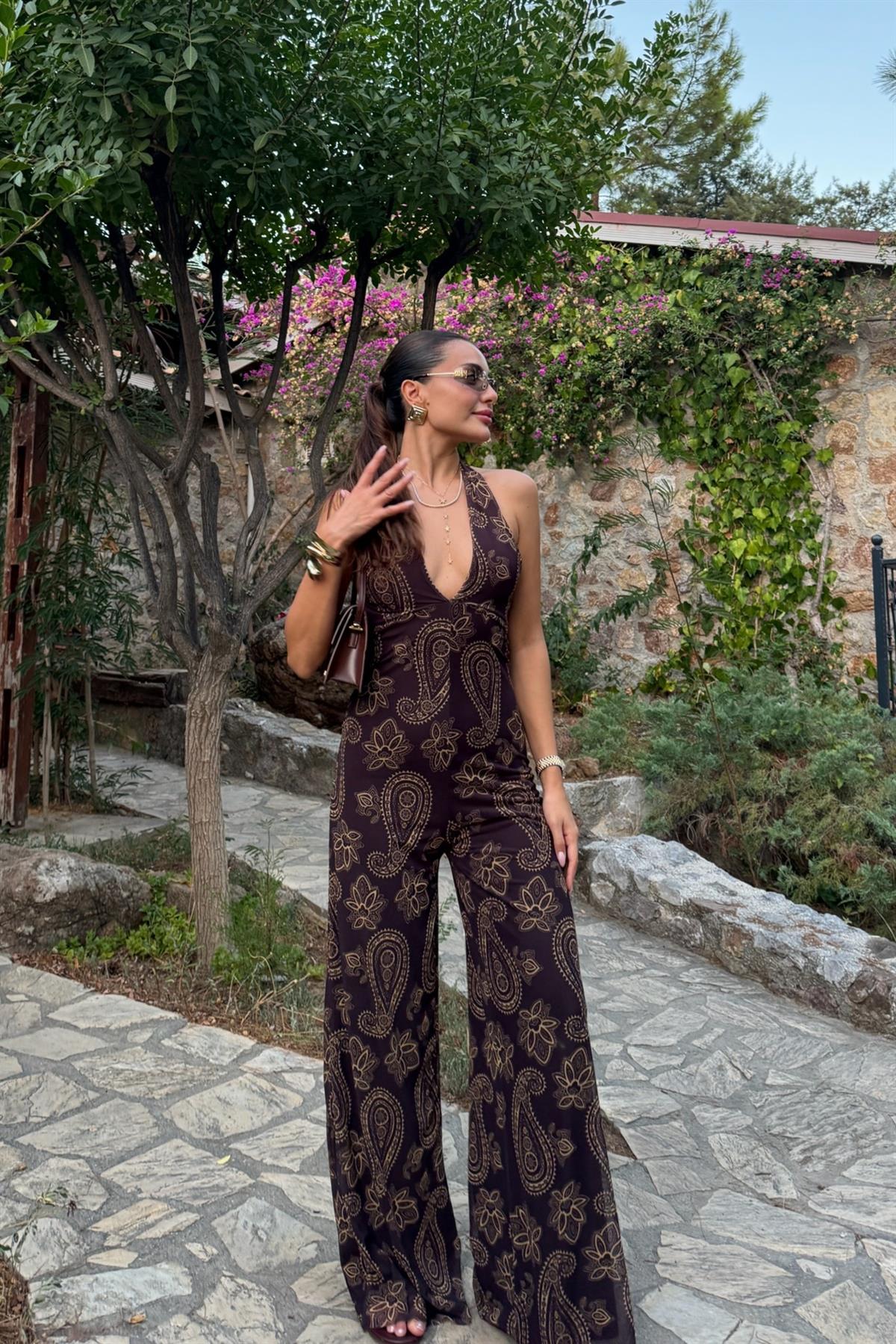 Priya Kahverengi V Yaka Etnik Desen Tulum