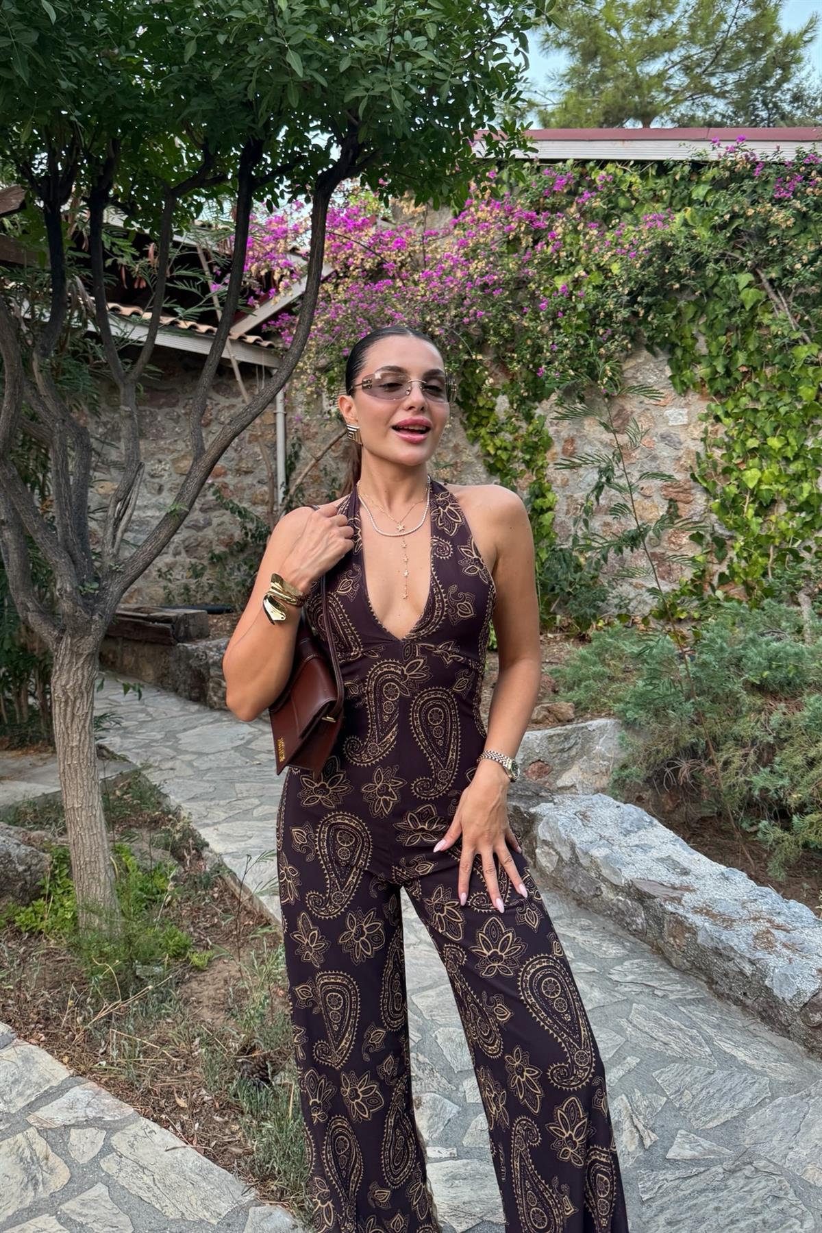 Priya Kahverengi V Yaka Etnik Desen Tulum