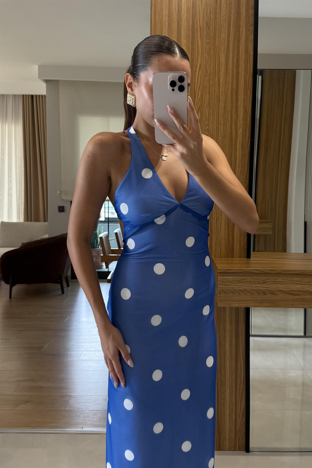 Probe Mavi Boyun Sırt Bağlama Detaylı Puantiyeli Elbise