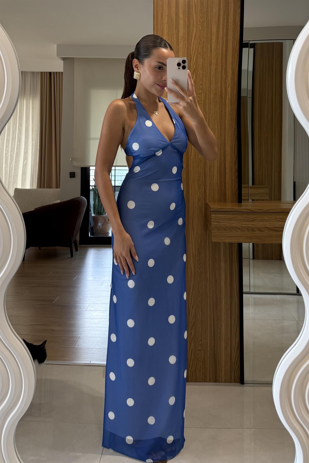 Probe Mavi Boyun Sırt Bağlama Detaylı Puantiyeli Elbise