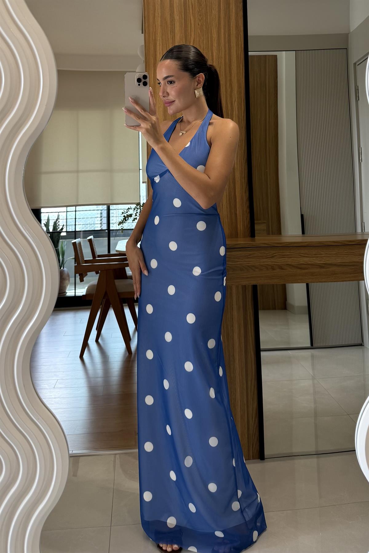 Probe Mavi Boyun Sırt Bağlama Detaylı Puantiyeli Elbise