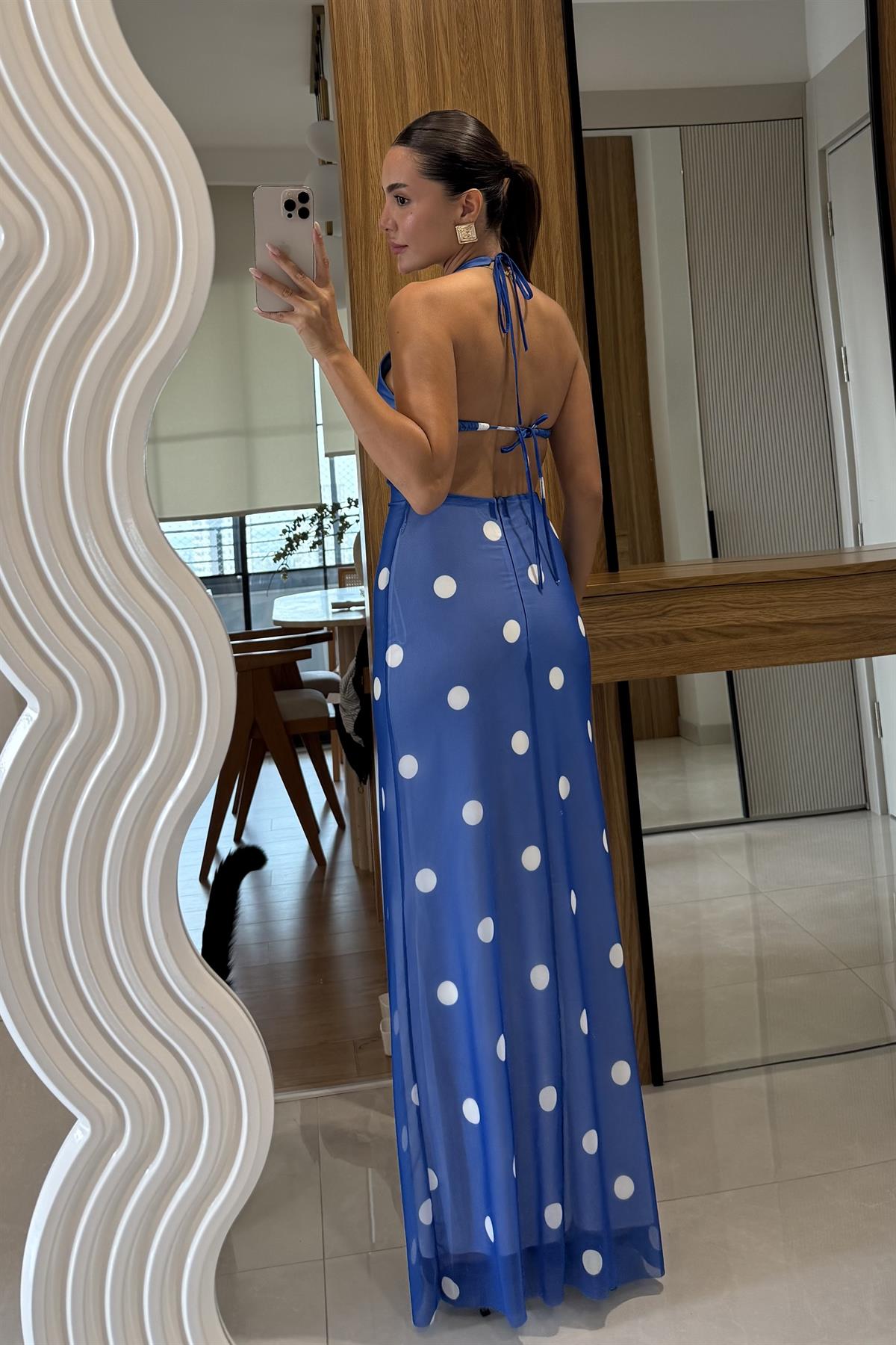 Probe Mavi Boyun Sırt Bağlama Detaylı Puantiyeli Elbise