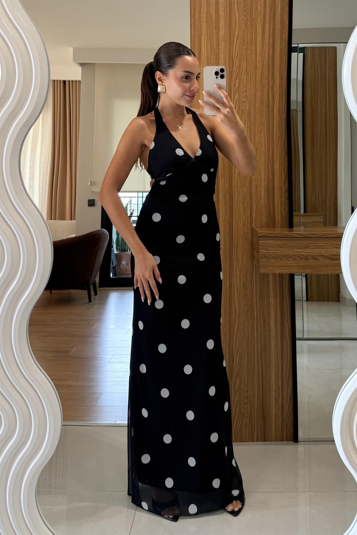 Probe Siyah Boyun Sırt Bağlama Detaylı Puantiyeli Elbise