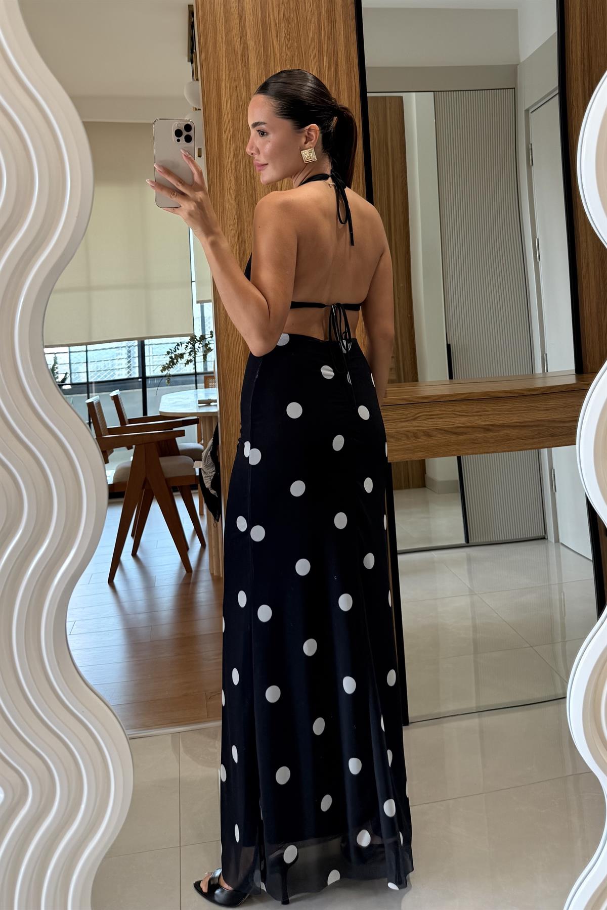 Probe Siyah Boyun Sırt Bağlama Detaylı Puantiyeli Elbise