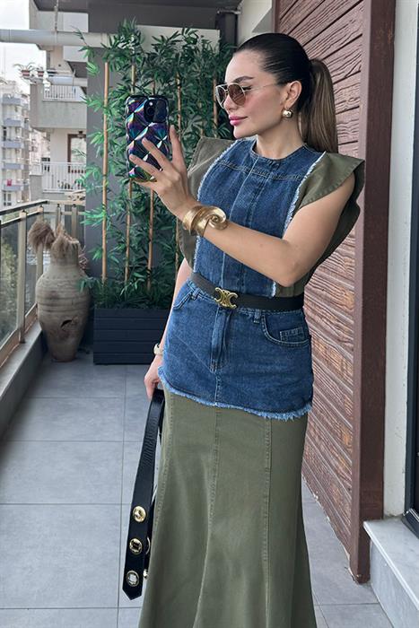 Prod Haki Geçişli Denim Elbise