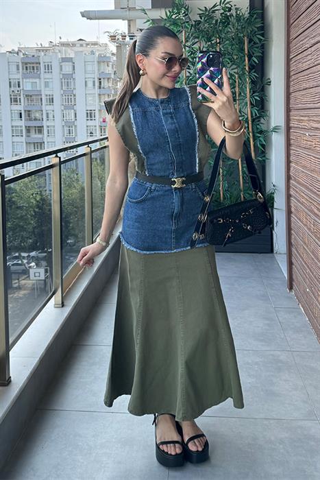 Prod Haki Geçişli Denim Elbise