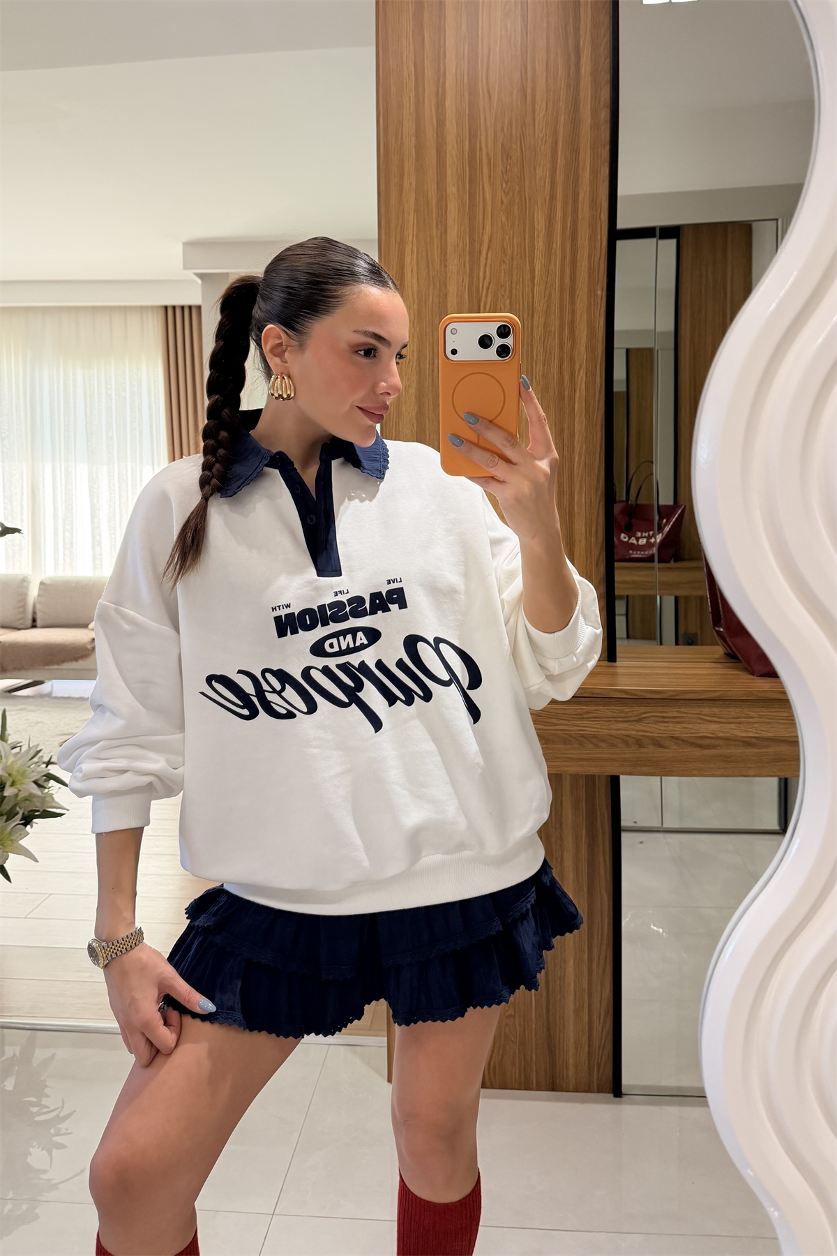 Pruporse Lacivert Yazı Detaylı Polo Yaka Sweatshirt