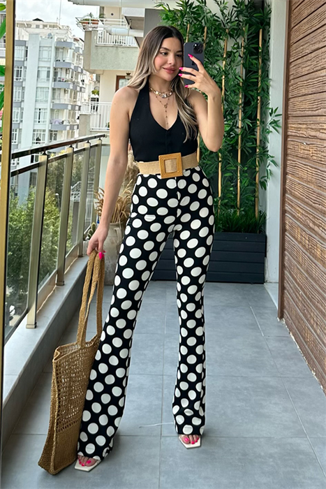 Puantiyeli ultra yüksek bel ispanyol pantolon