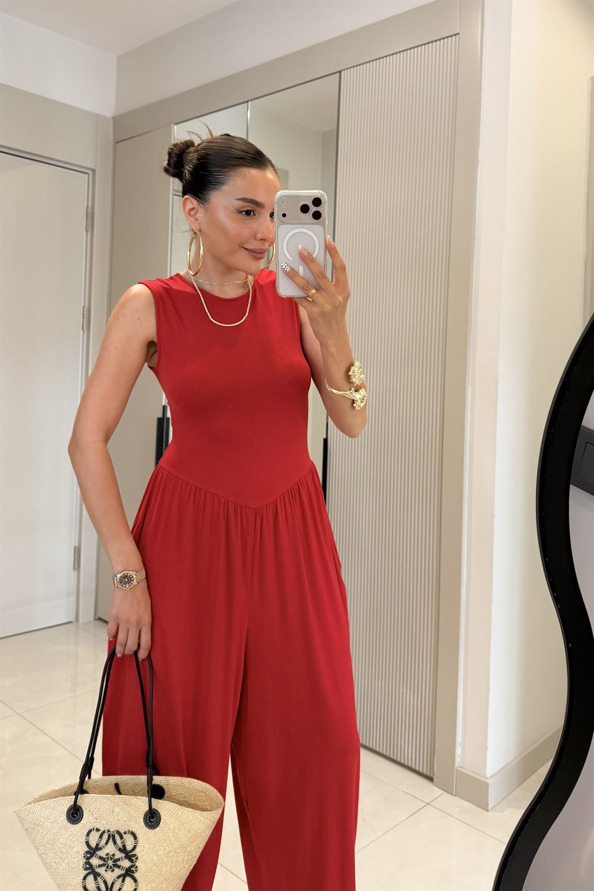 Puenza Kırmızı Modal Salaş Kesim Kolsuz Tulum