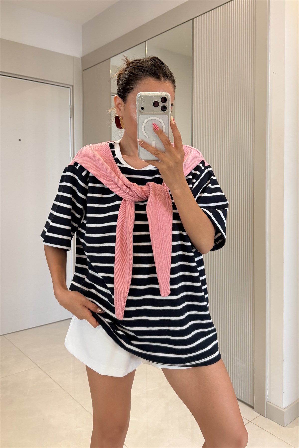 Puerta Lacivert Üstü Pembe Bağlamalı Tshirt