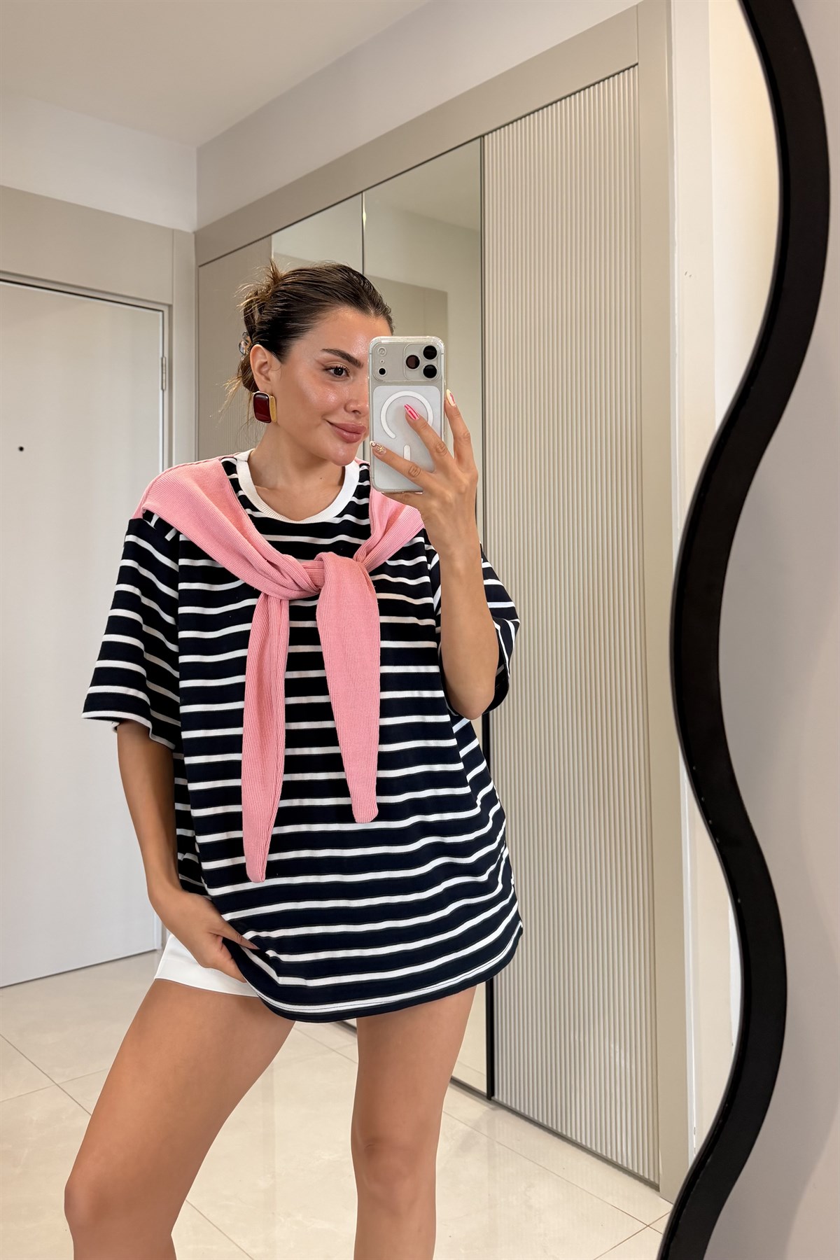 Puerta Lacivert Üstü Pembe Bağlamalı Tshirt