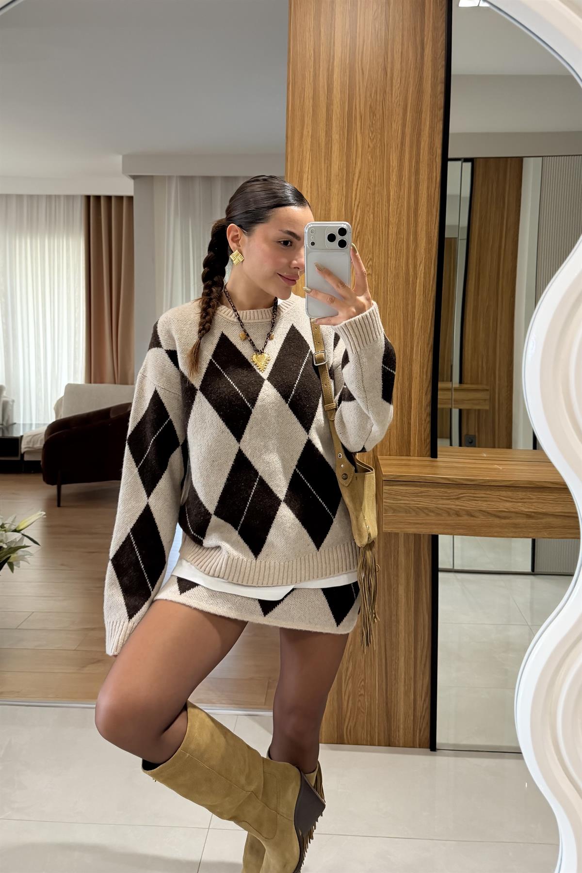 Pukie Ekru Baklava Desen Etekli Triko Takım
