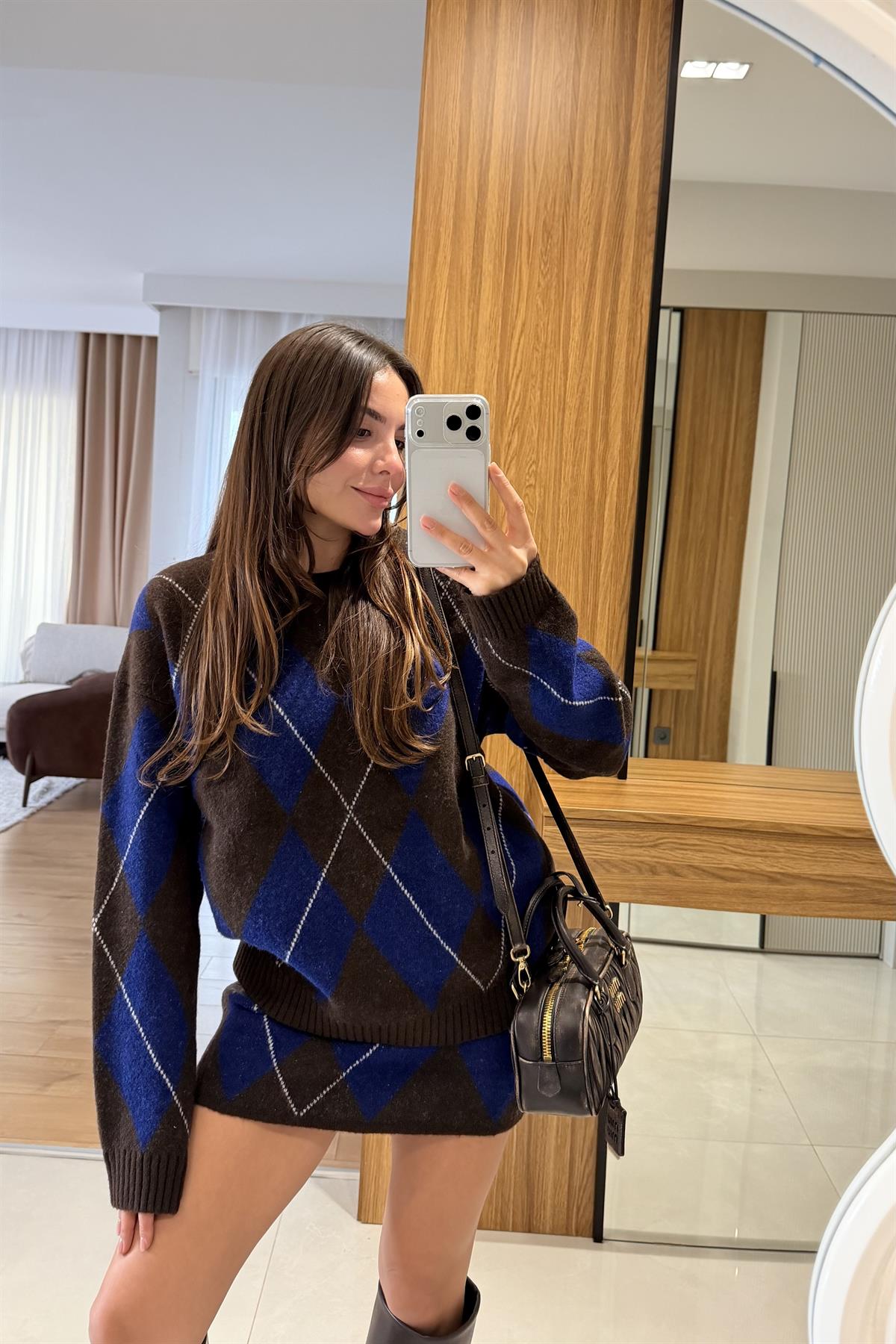 Pukie Lacivert  Baklava Desen Etekli Triko Takım