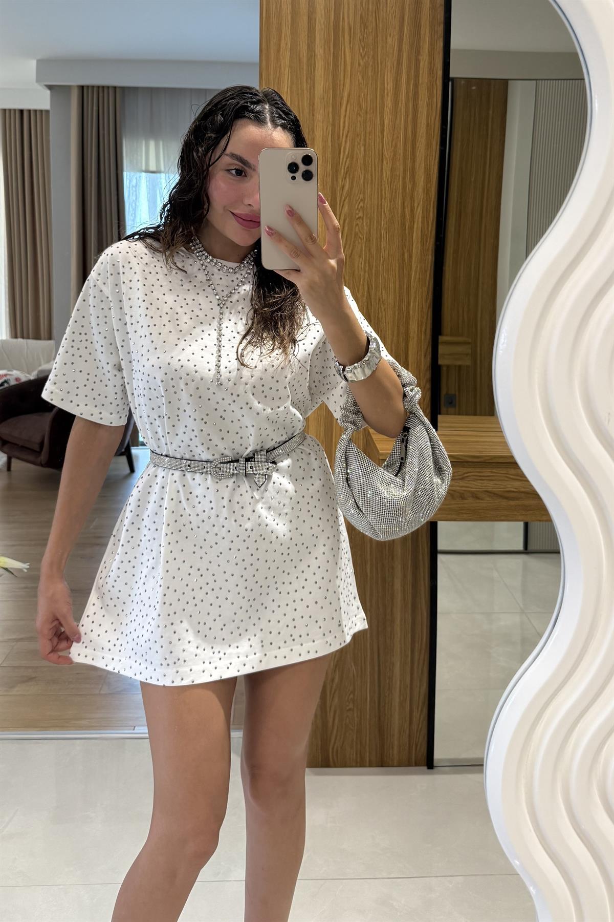 Purcey Beyaz Taşlı Tshirt 