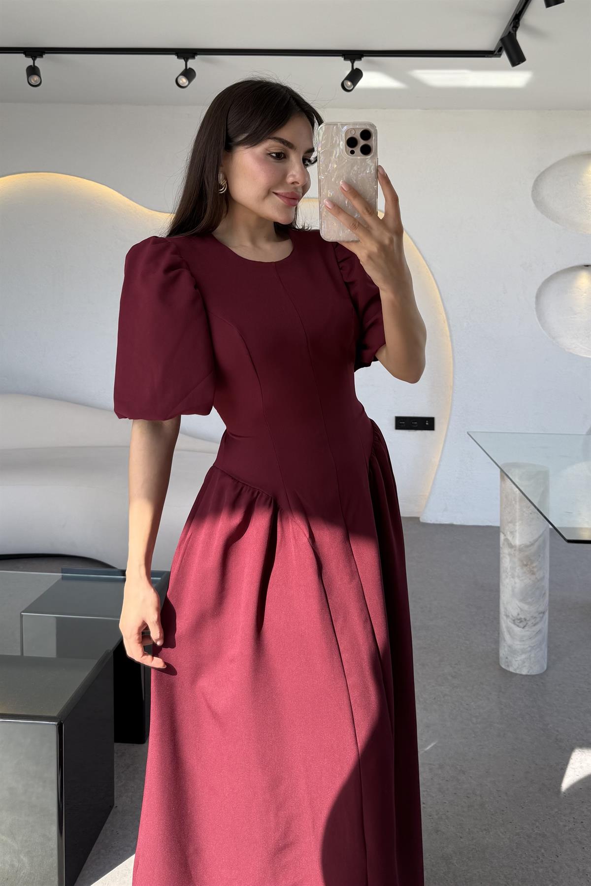 Pyura Bordo Balon Kol Korse Model Elbise