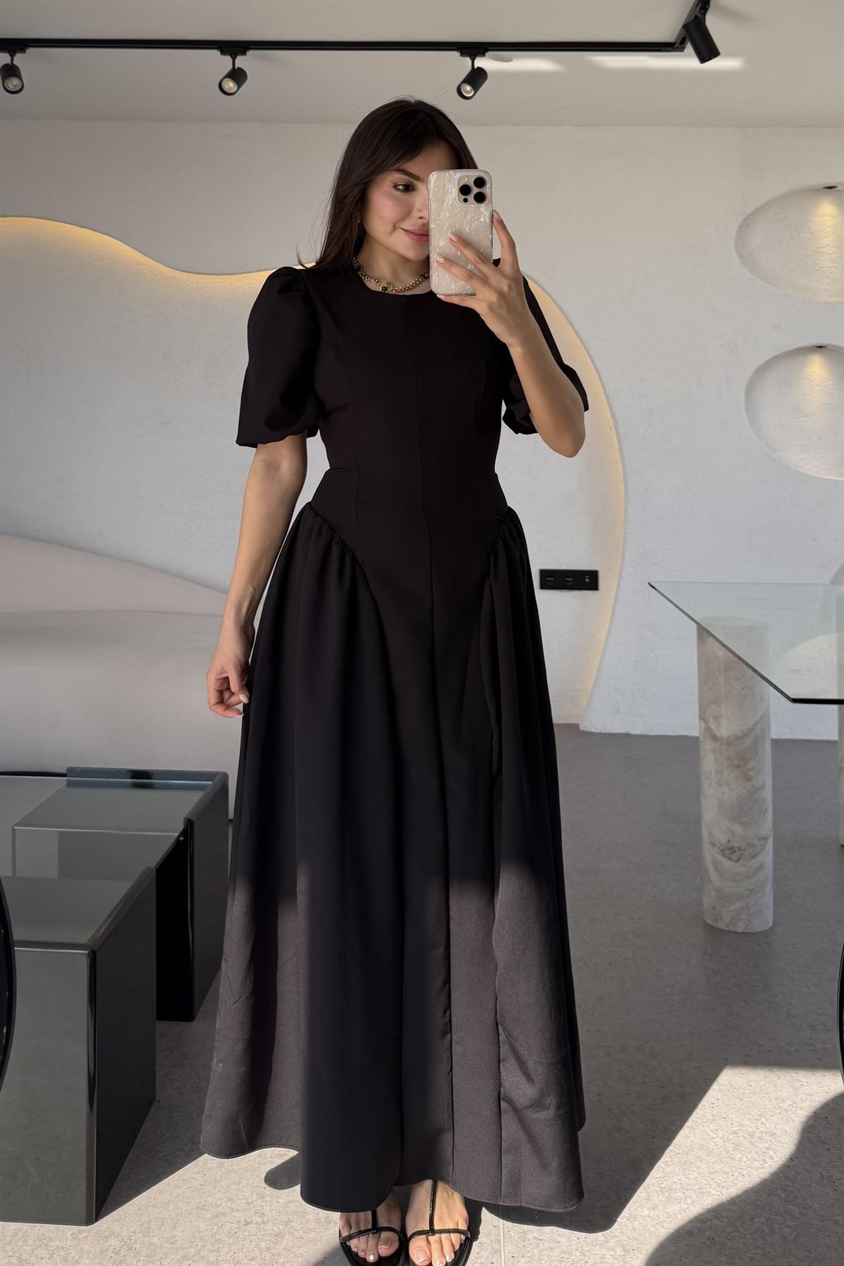 Pyura Siyah Balon Kol Korse Model Elbise