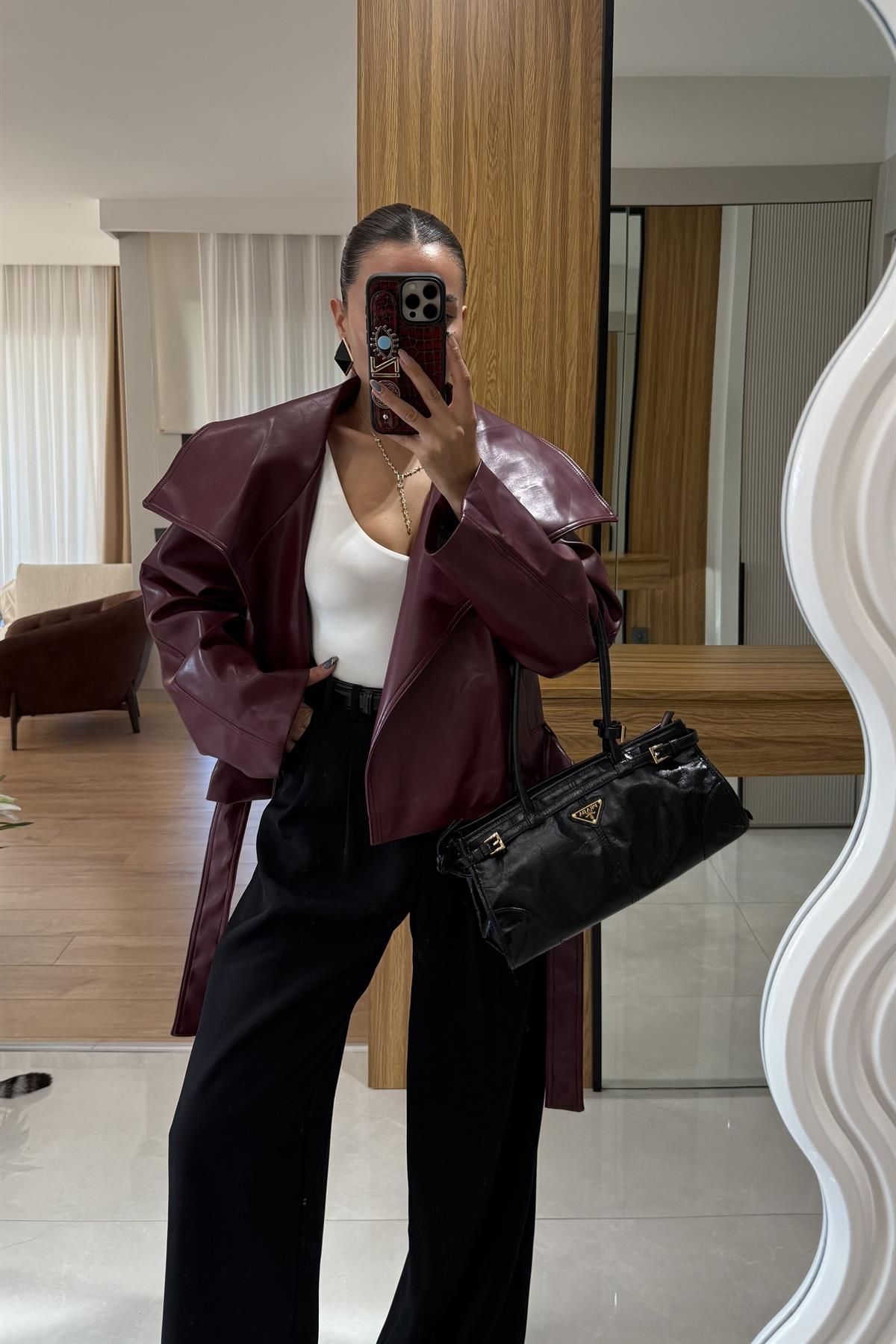 Quality Bordo Deri Kemerli Ceket