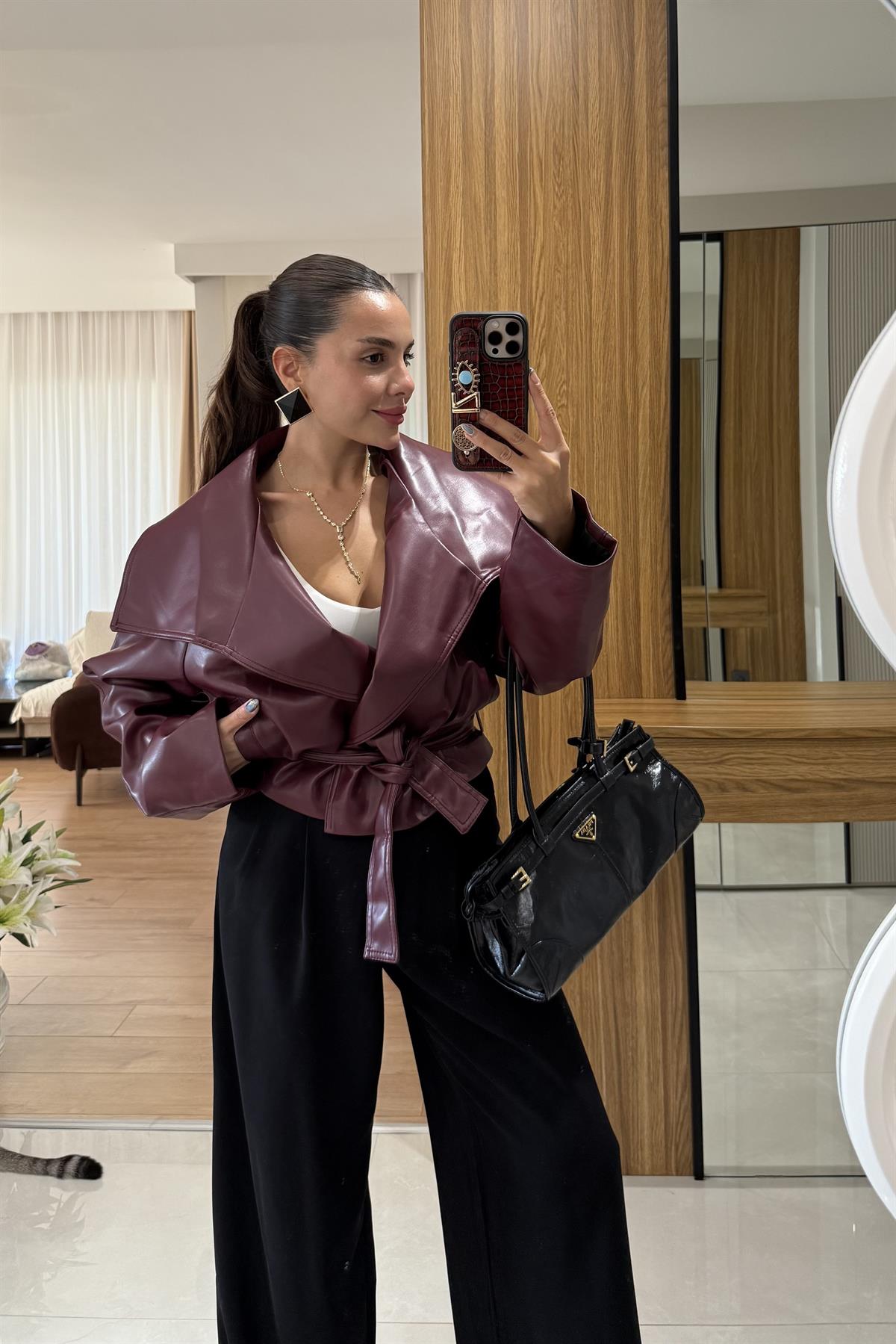 Quality Bordo Deri Kemerli Ceket