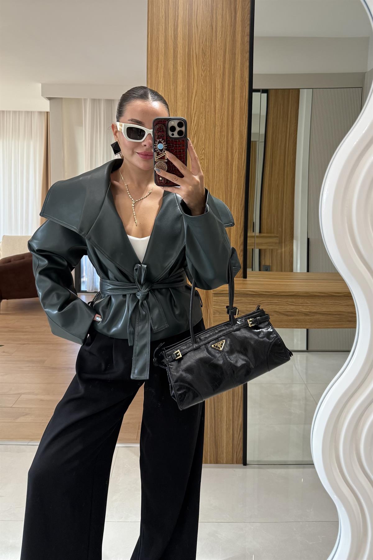 Quality Haki Deri Kemerli Ceket