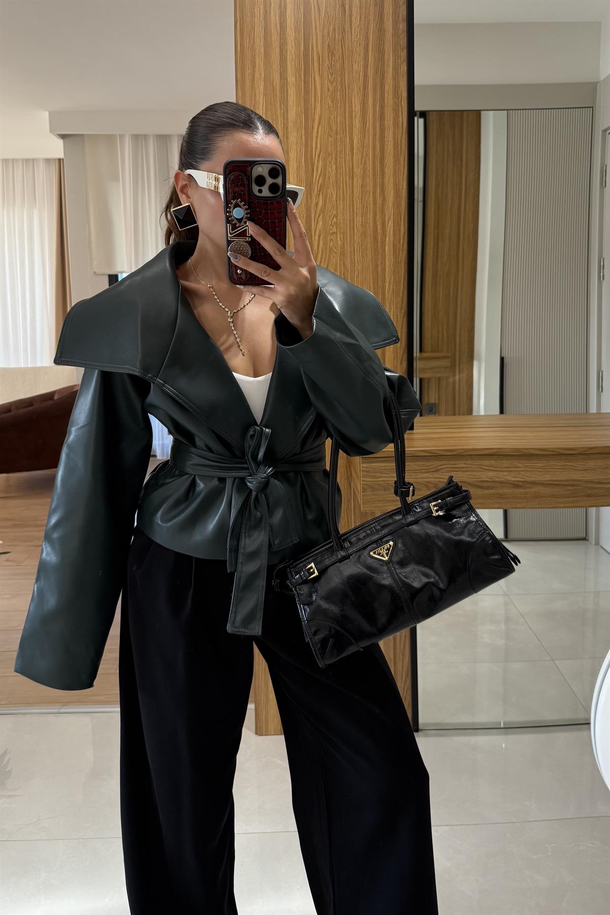 Quality Haki Deri Kemerli Ceket