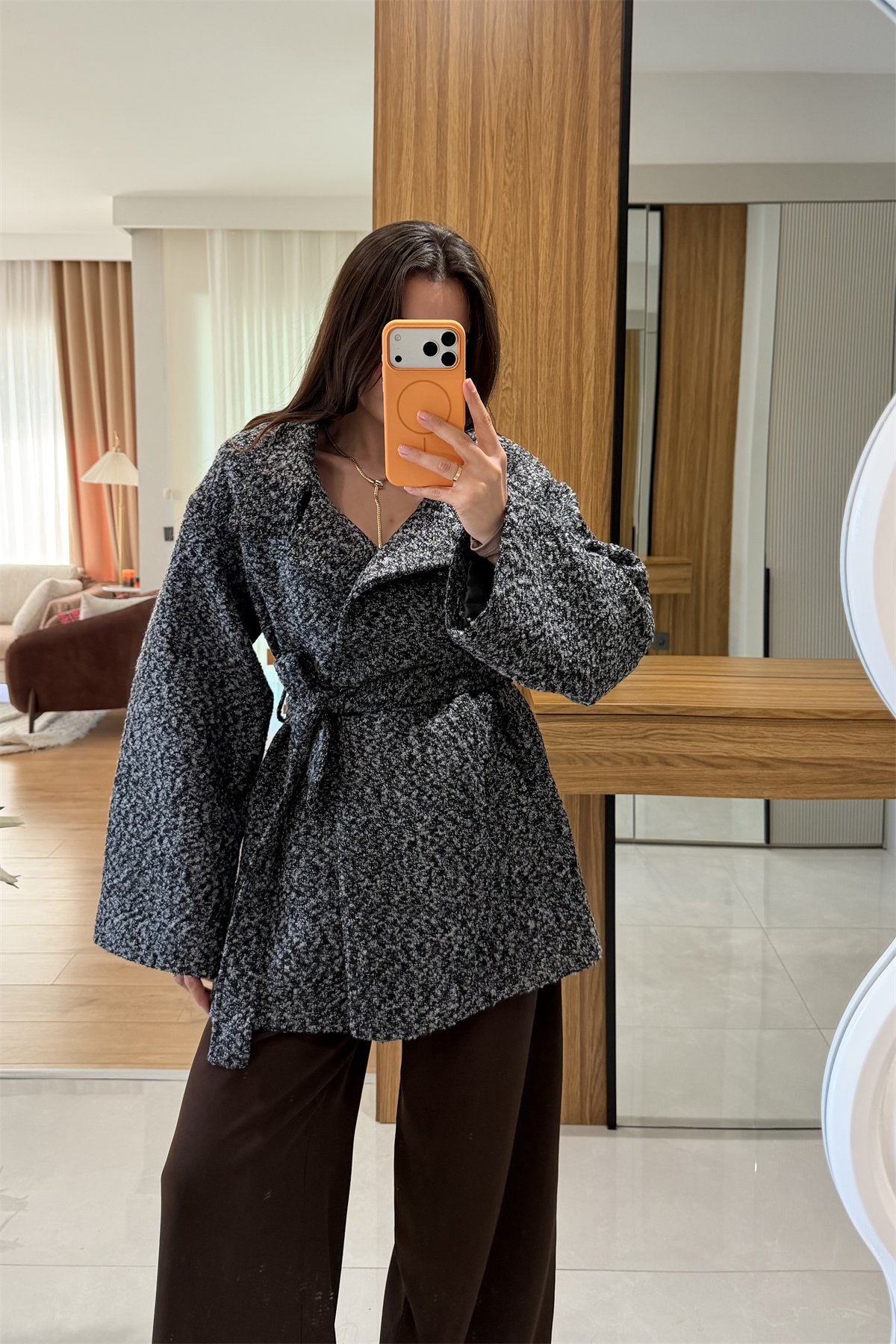 Quard Gri Kuşaklı Buklet Kaban 