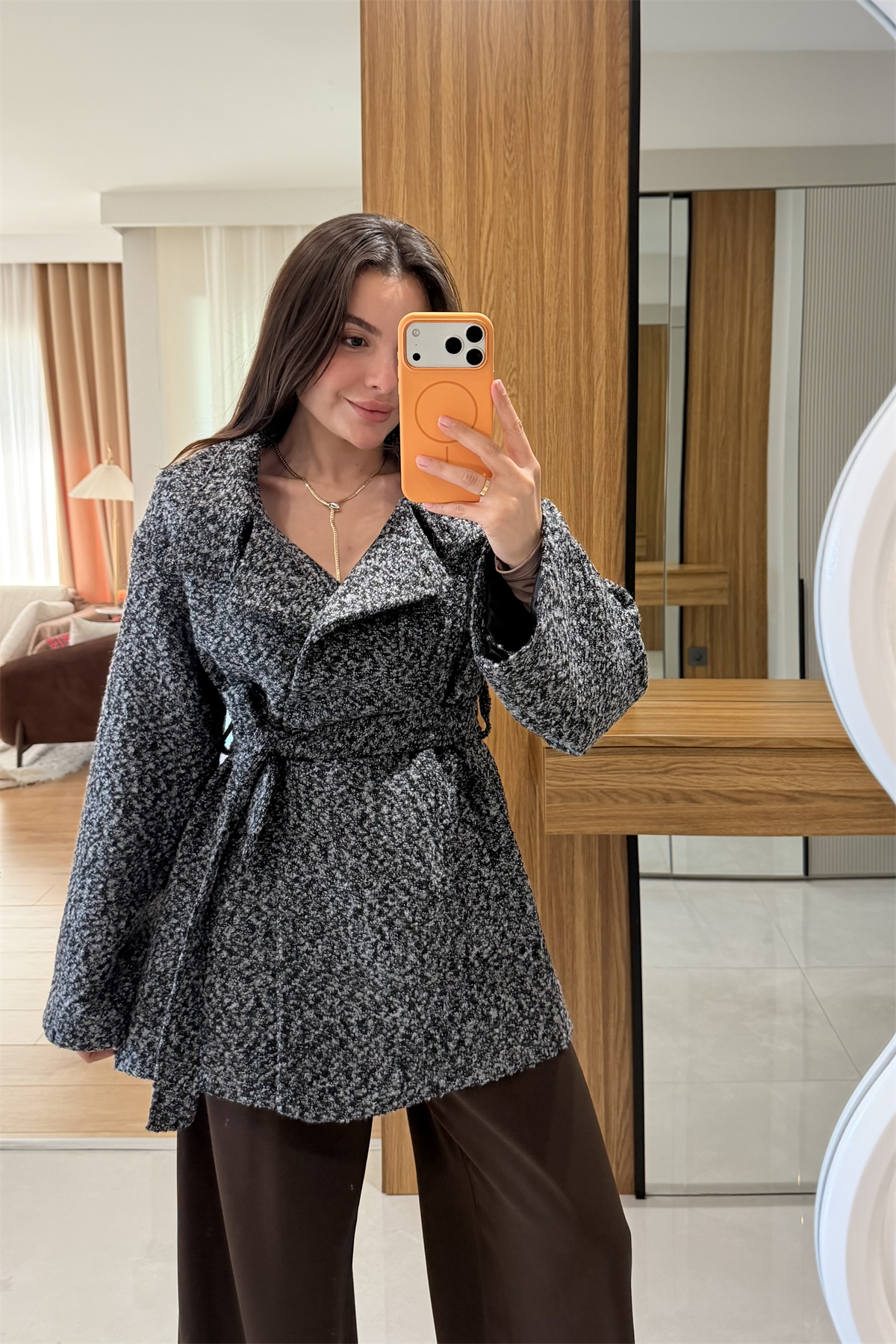 Quard Gri Kuşaklı Buklet Kaban 