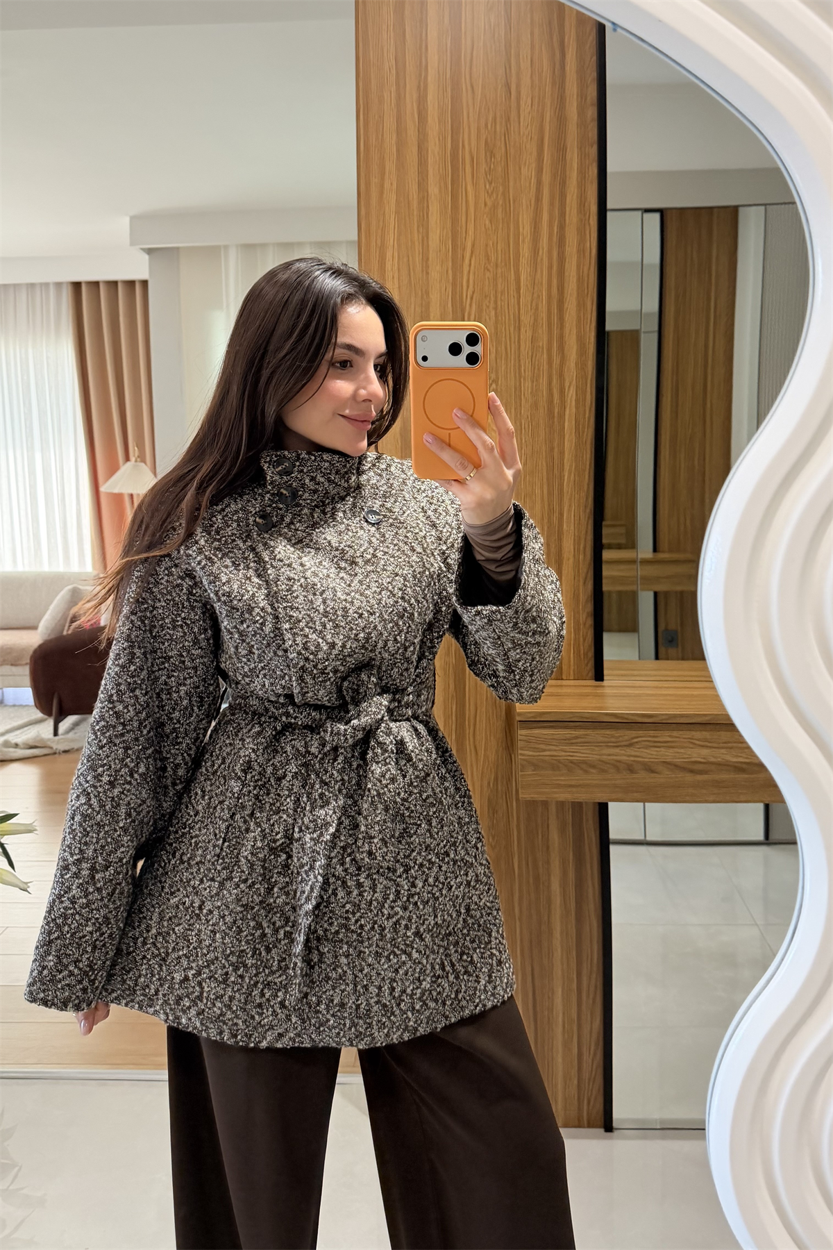 Quard Kahve Kuşaklı Buklet Kaban 
