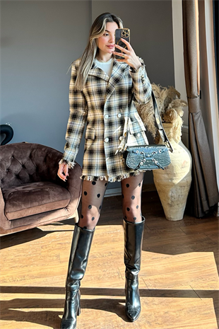 Queen kareli kahve tüvit blazer ceket