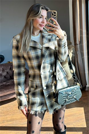 Queen kareli kahve tüvit blazer ceket