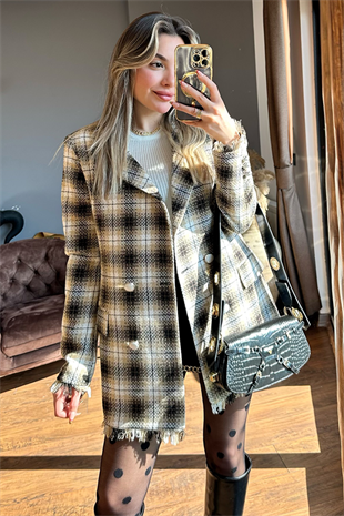 Queen kareli kahve tüvit blazer ceket