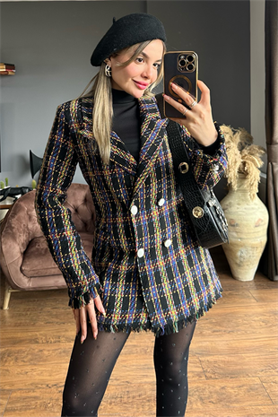 Queen kareli mor geçişli tüvit blazer ceket