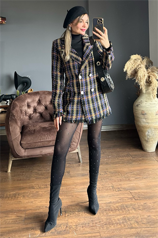 Queen kareli mor geçişli tüvit blazer ceket