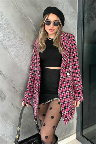 Queen kareli pembe tüvit blazer ceket