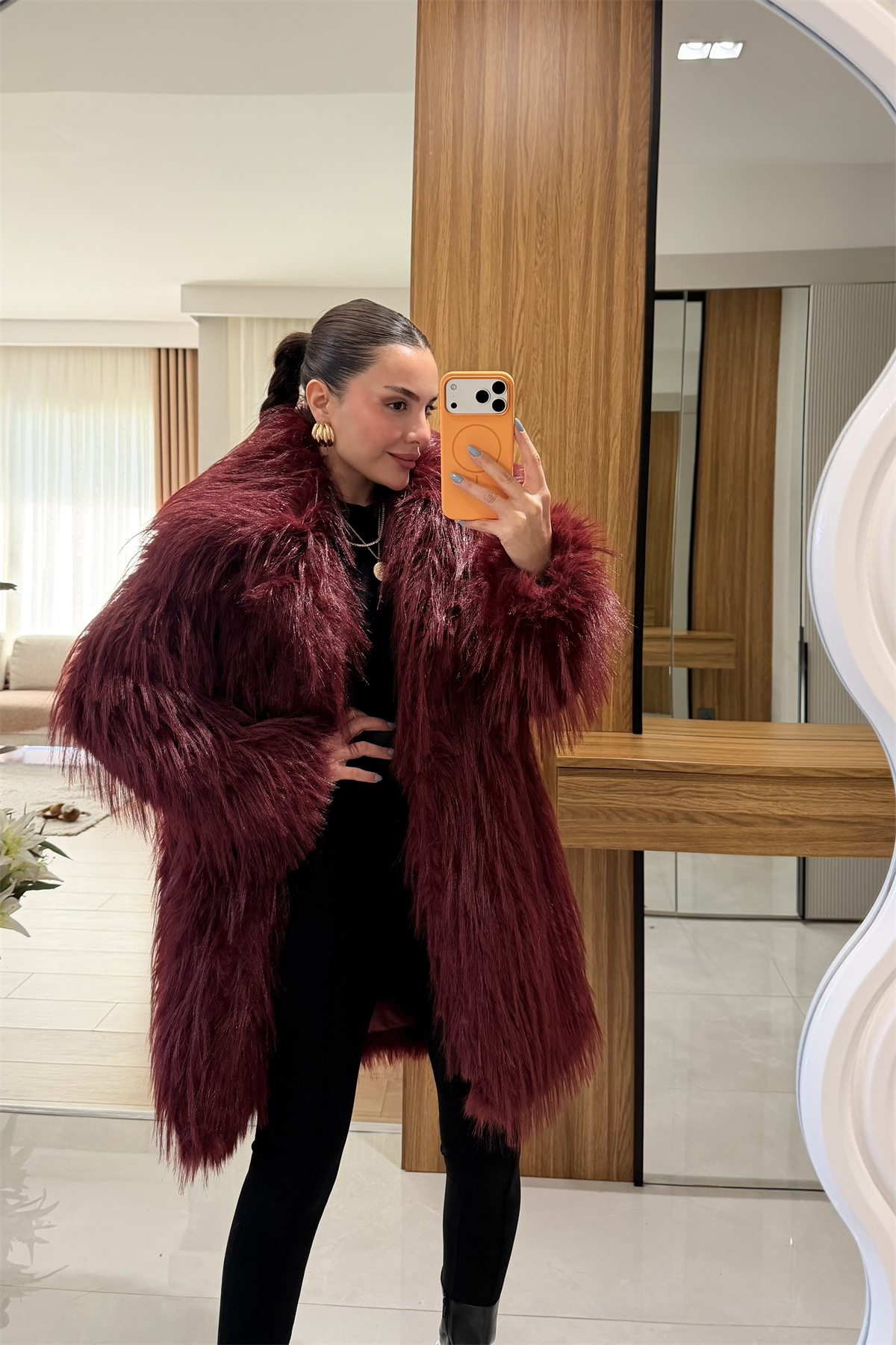 Quence Bordo Uzun Saçaklı Kürk 