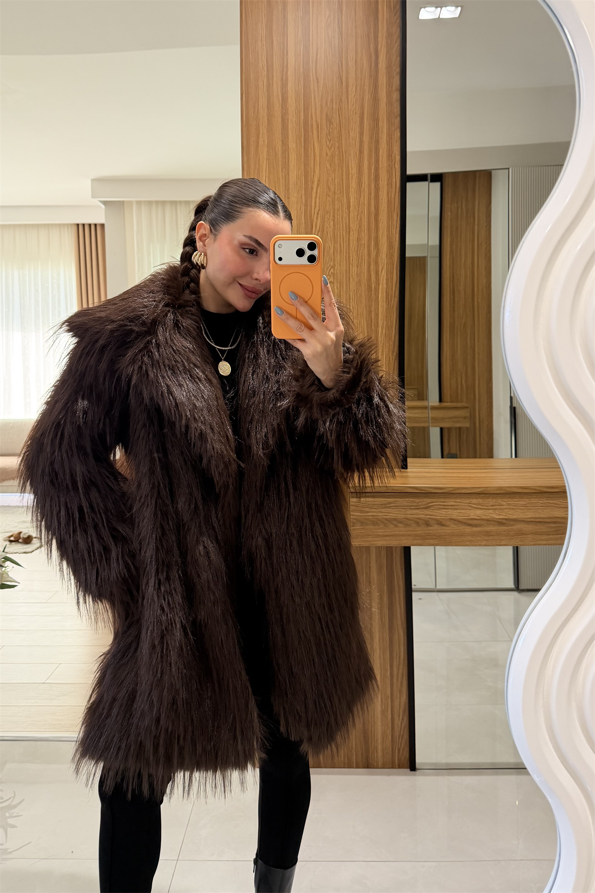 Quence Kahve Uzun Saçaklı Kürk 