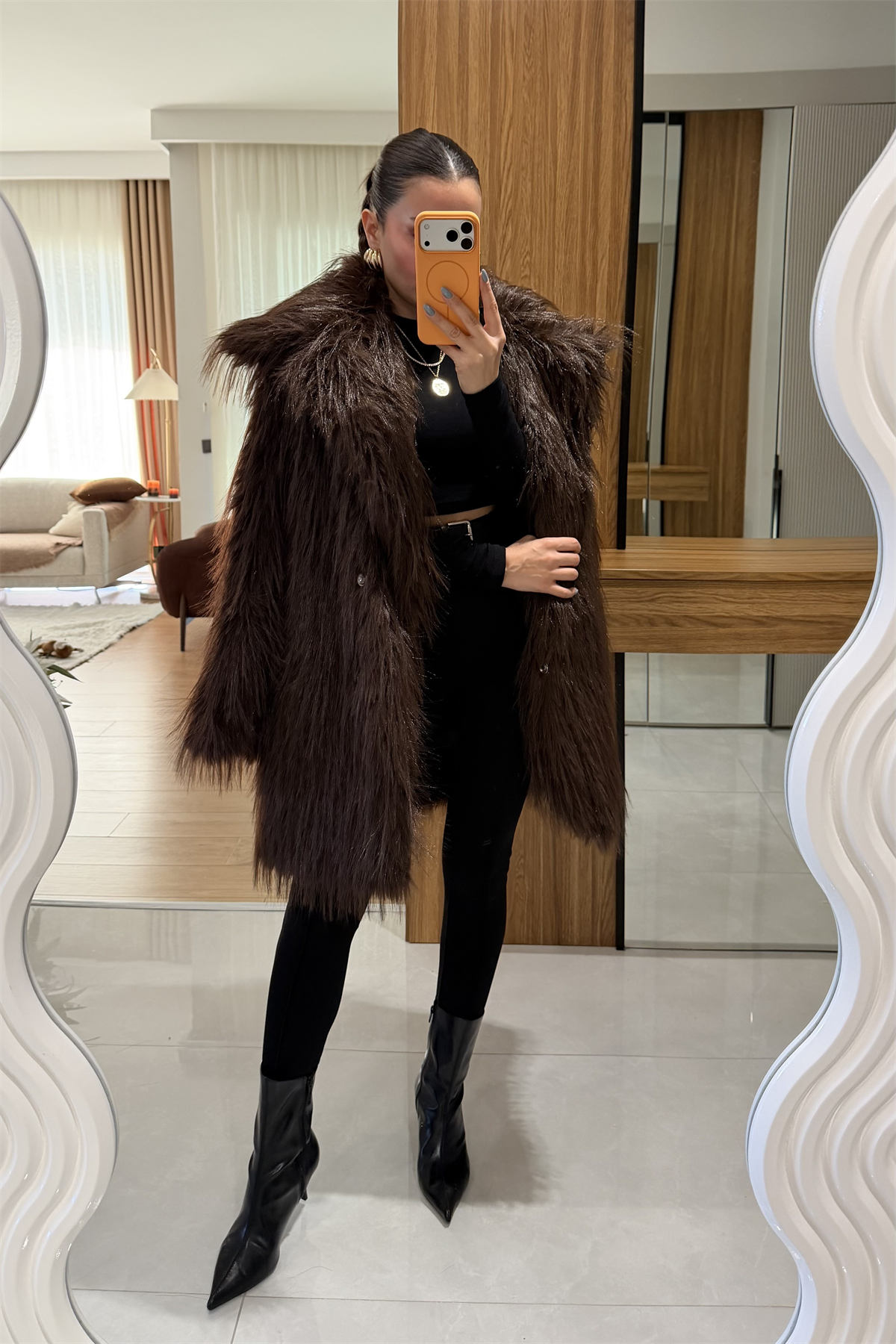 Quence Kahve Uzun Saçaklı Kürk 