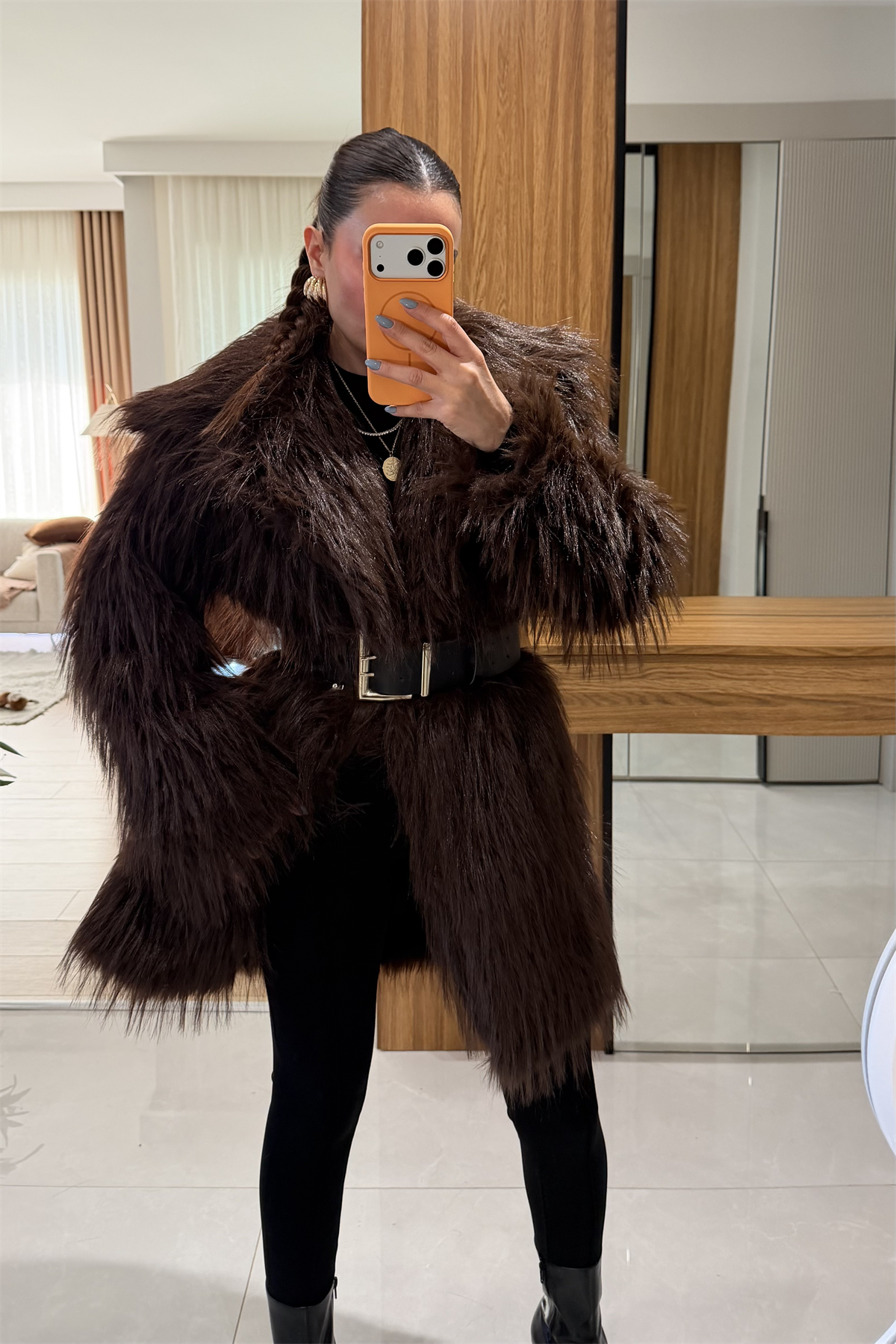 Quence Kahve Uzun Saçaklı Kürk 