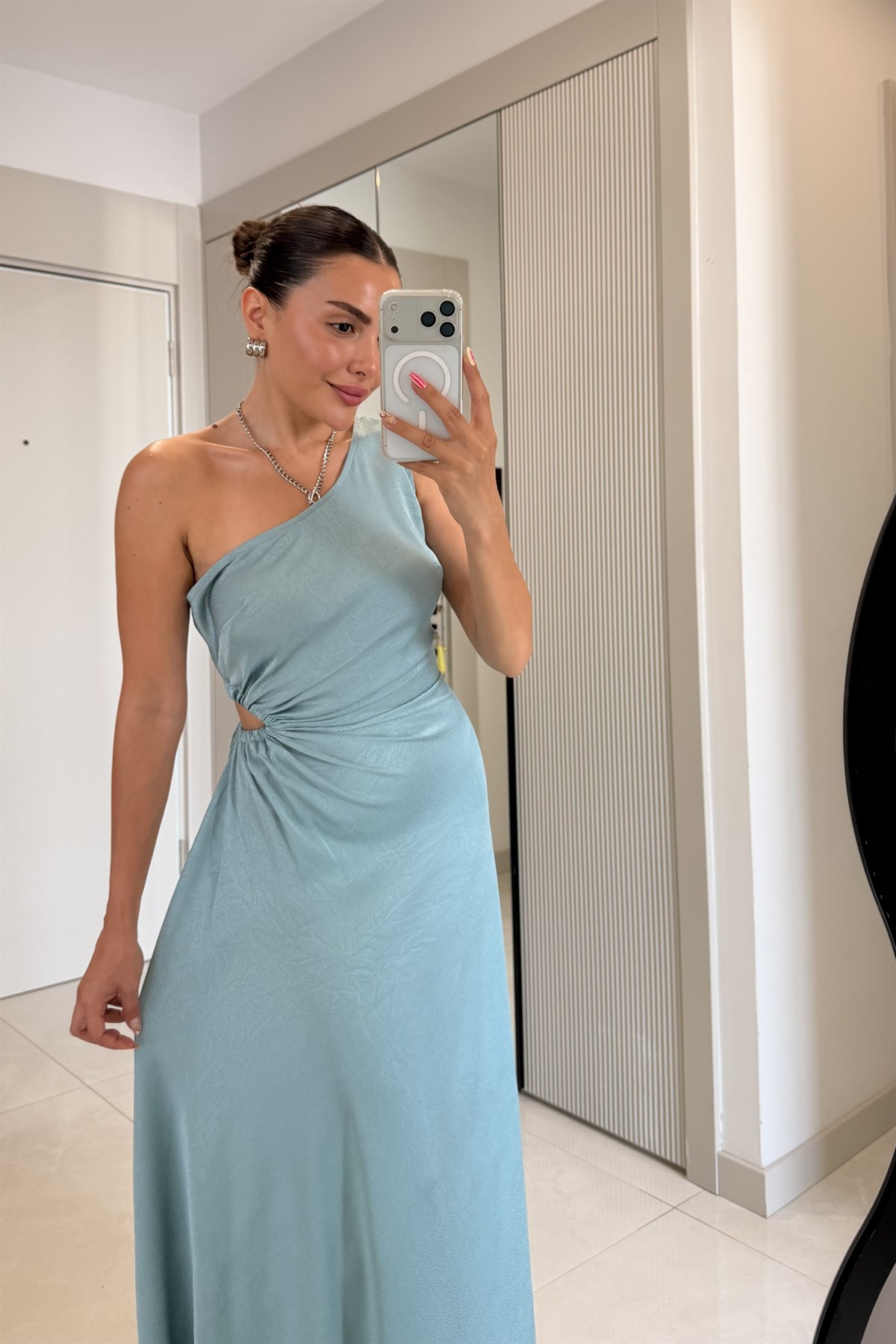 Quentin Mint Tek Omuz Drapeli Maxi Elbise
