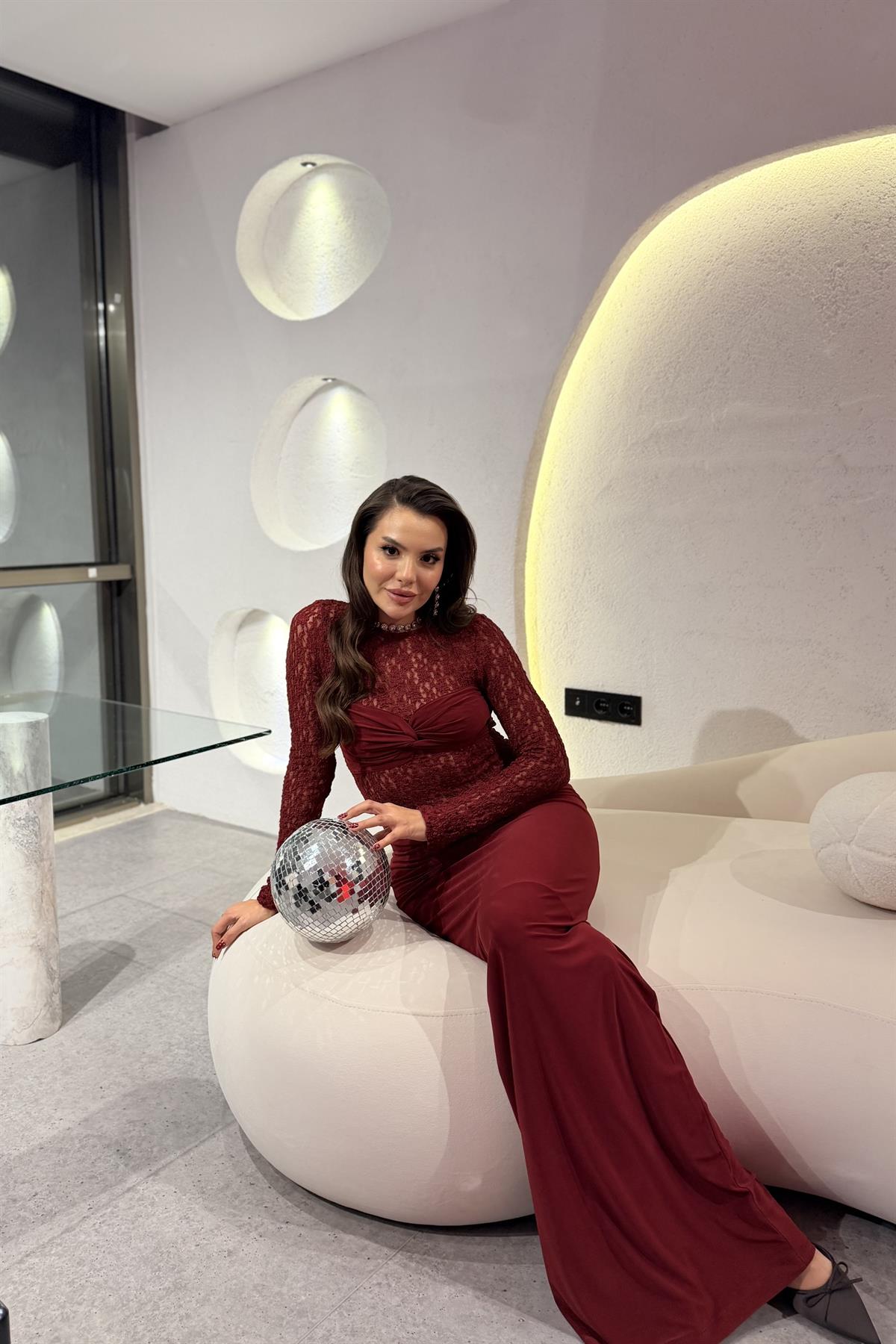 Quince Bordo Dantelli Maxi Elbise