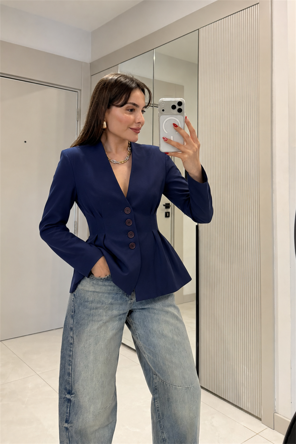 Ququla Lacivert Belde Oturmalı Blazer Ceket