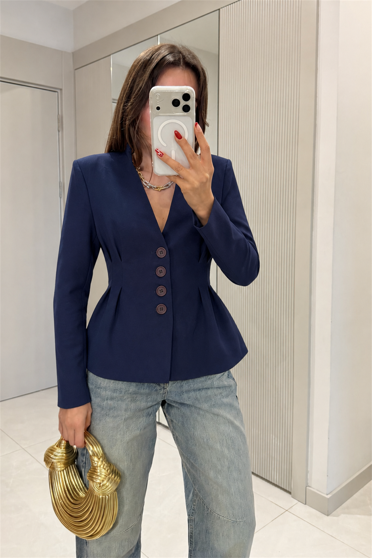 Ququla Lacivert Belde Oturmalı Blazer Ceket