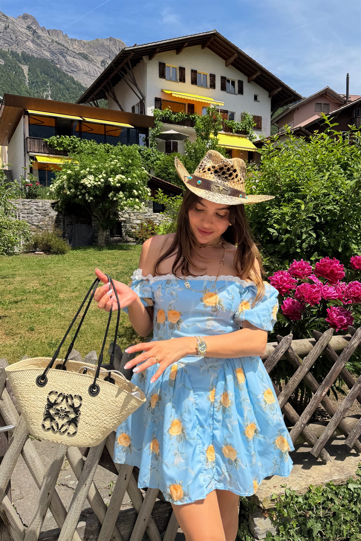 Rabanne Sarı Çiçekli Mavi Mini Elbise