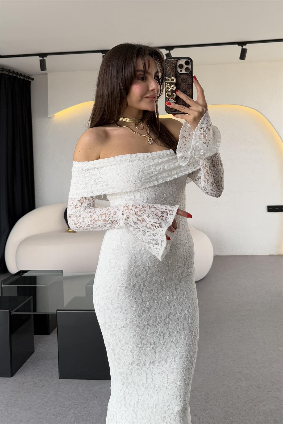 Rafosa Beyaz Romantik Dantel Elbise 