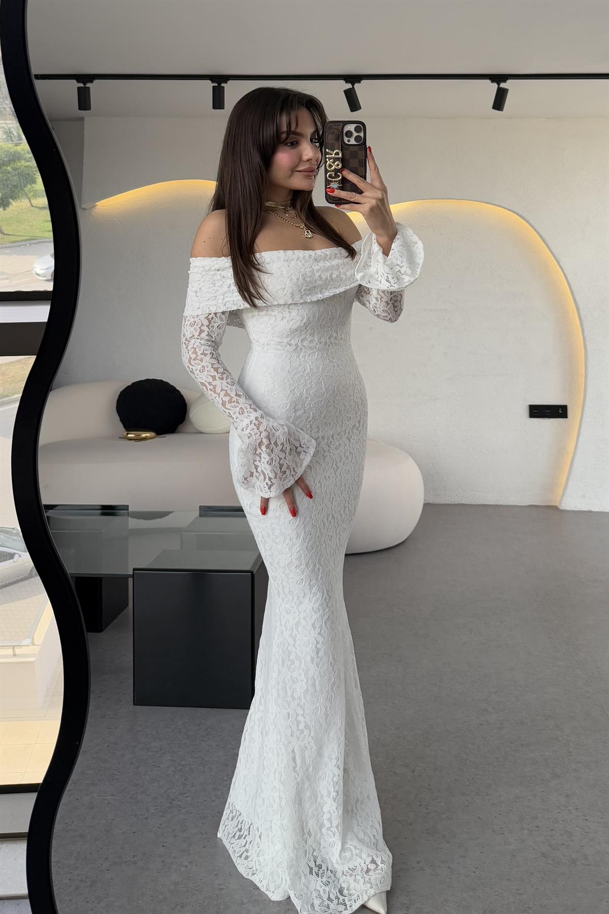 Rafosa Beyaz Romantik Dantel Elbise 